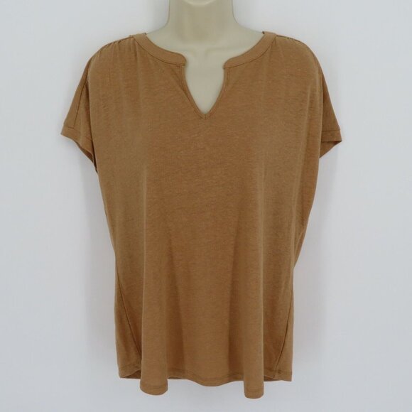 Talbots Womens Medium Linen Blend Y Neck Heathered Tan Brown Shirt Top NEW - Picture 9 of 10